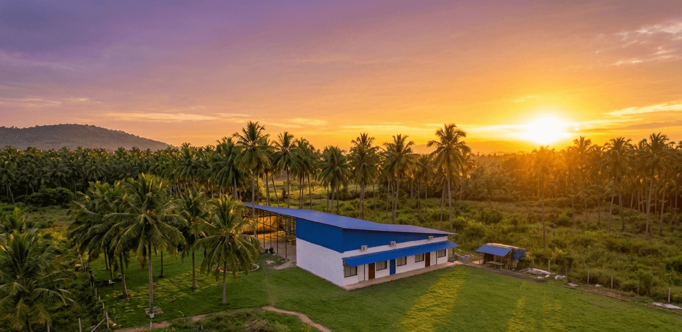 Agri Alpha Coco facility at sunset surrounded by coconut palms